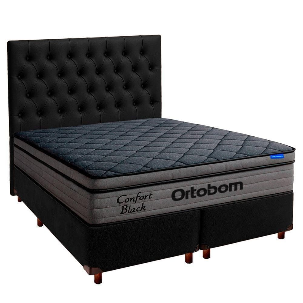 Cama Box Preto+cabeceira+colchão Queen Confort Black Ortobom