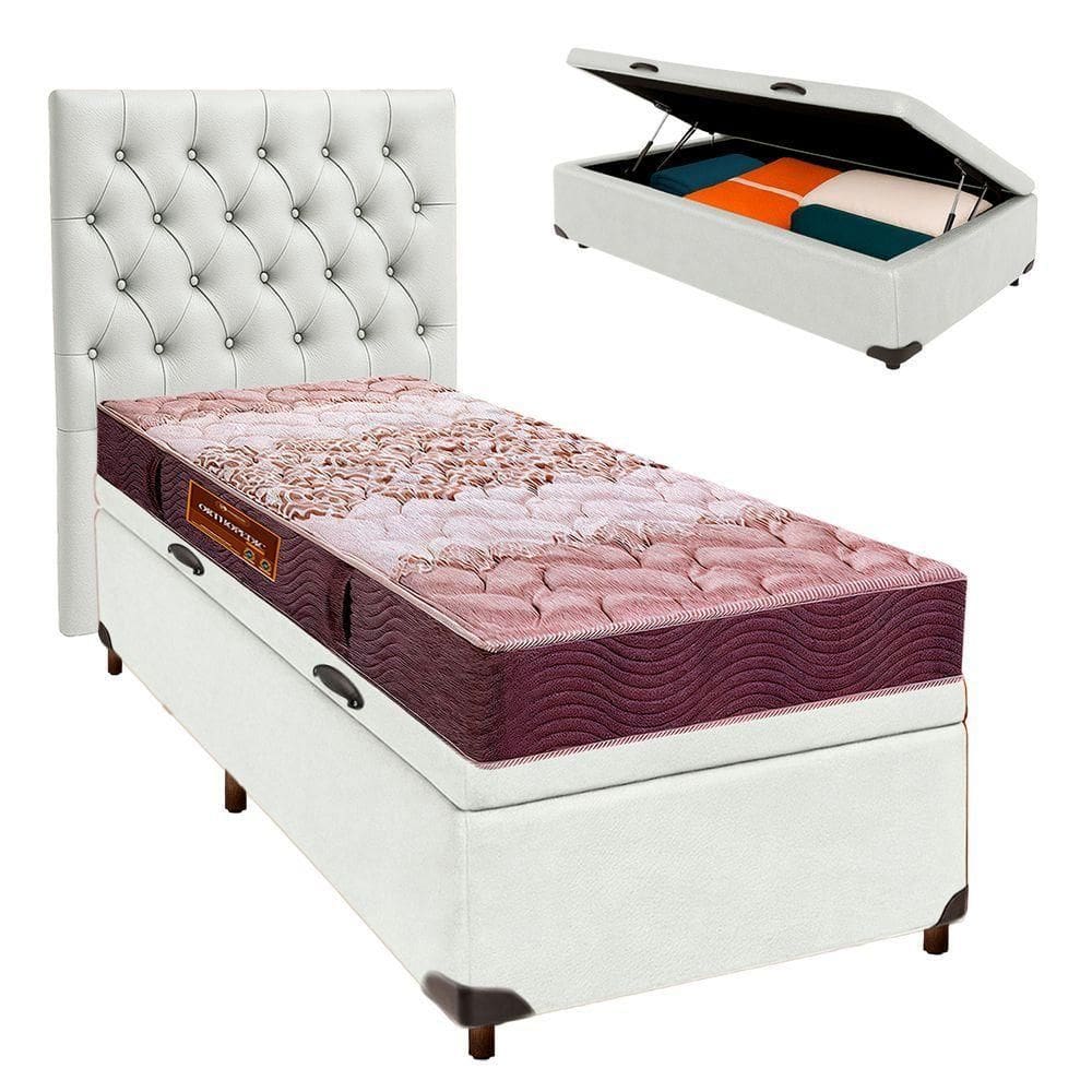 Cama Box Bau + Colchão Solteiro D26 Ortophedic Sankonfort + Cabeceira Estofada