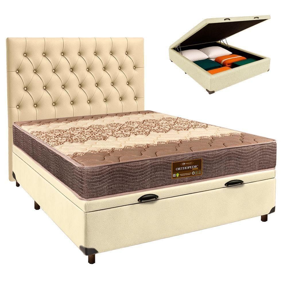 Conjunto Cama Box Bau Bege Casal + Colchão D26 Ortophedic Sankonfort + Cabeceira