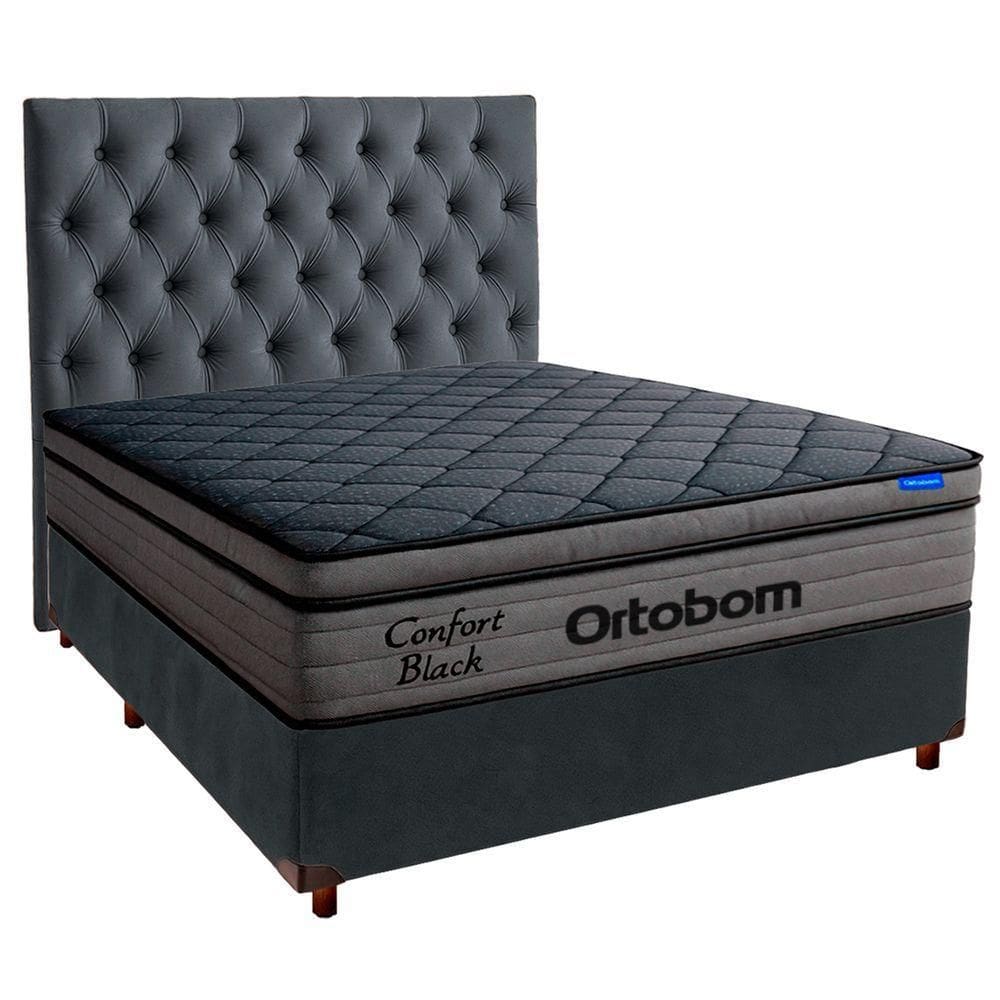 Cama Box Cinza+cabeceira+colchão Casal Confort Black Ortobom