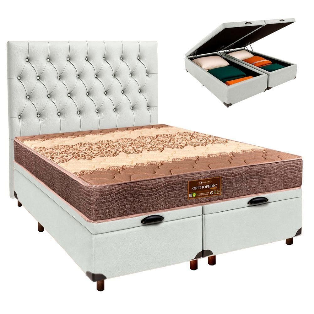 Cama Box Bau + Colchão Queen D26 Ortophedic Sankonfort + Cabeceira Estofada