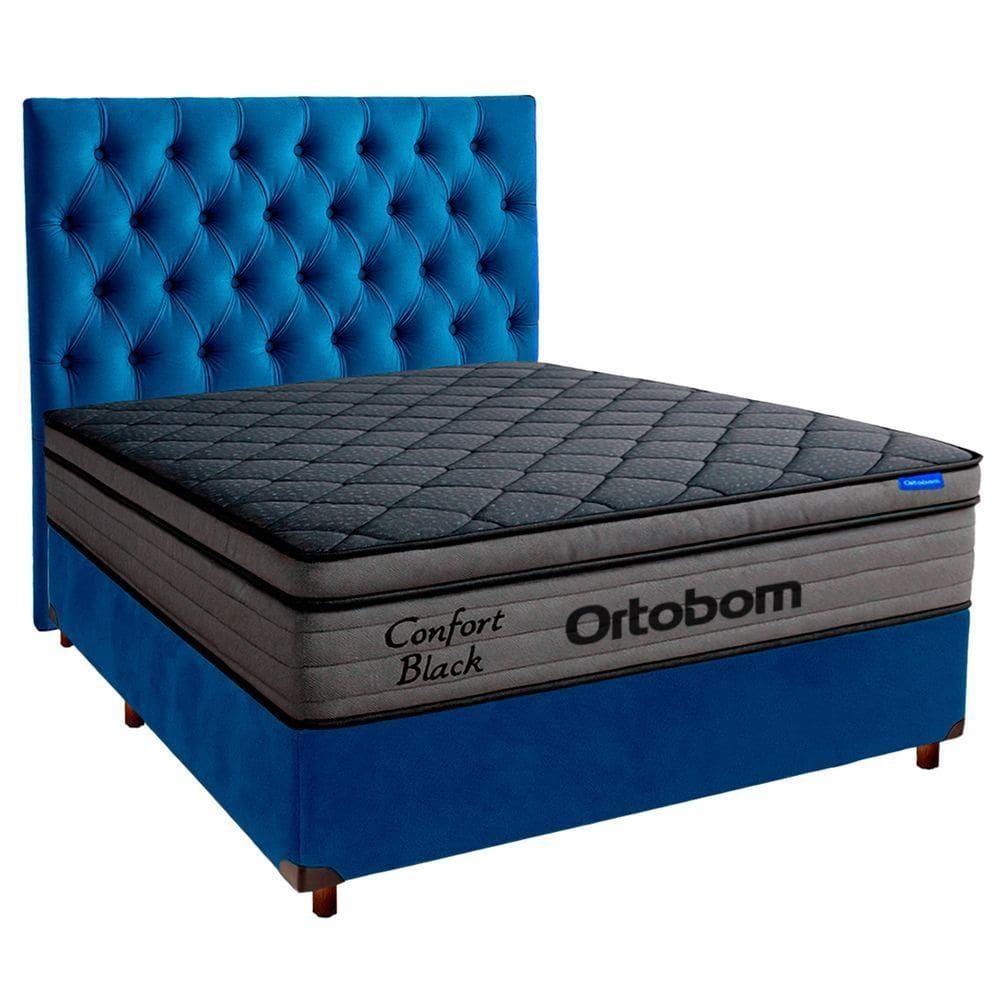 Cama Box Azul+cabeceira+colchão Casal Confort Black Ortobom
