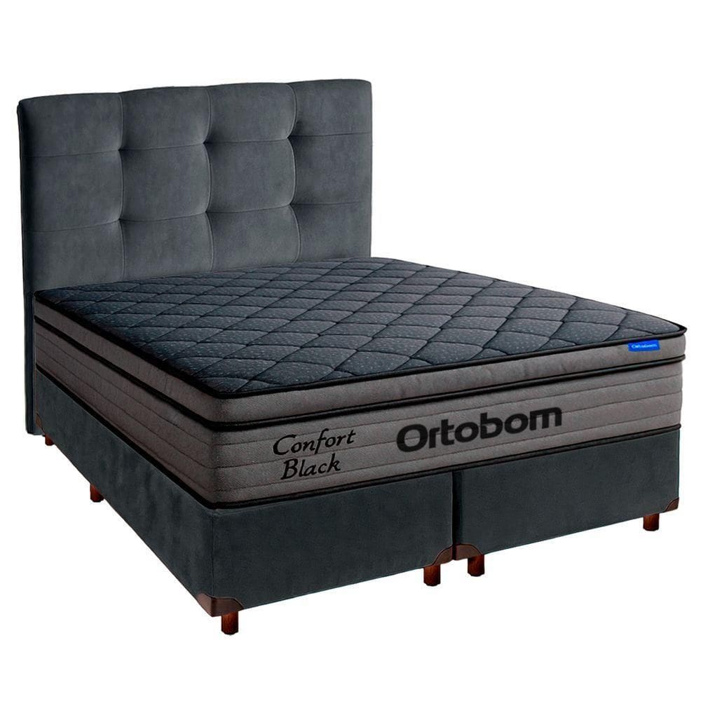 Cama Box Cinza+cabeceira+colchão Casal Confort Black Ortobom