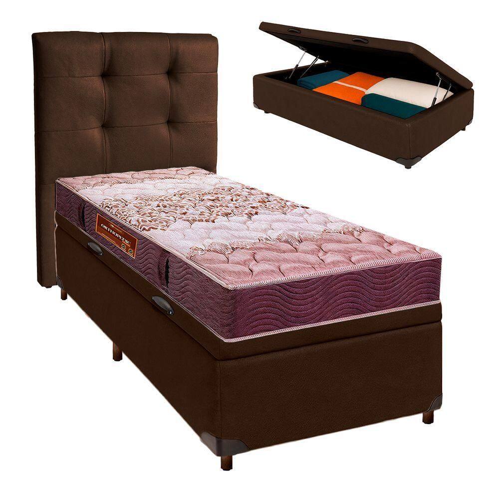 Cama Box Bau + Colchão Solteiro D26 Ortophedic Sankonfort + Cabeceira Estofada
