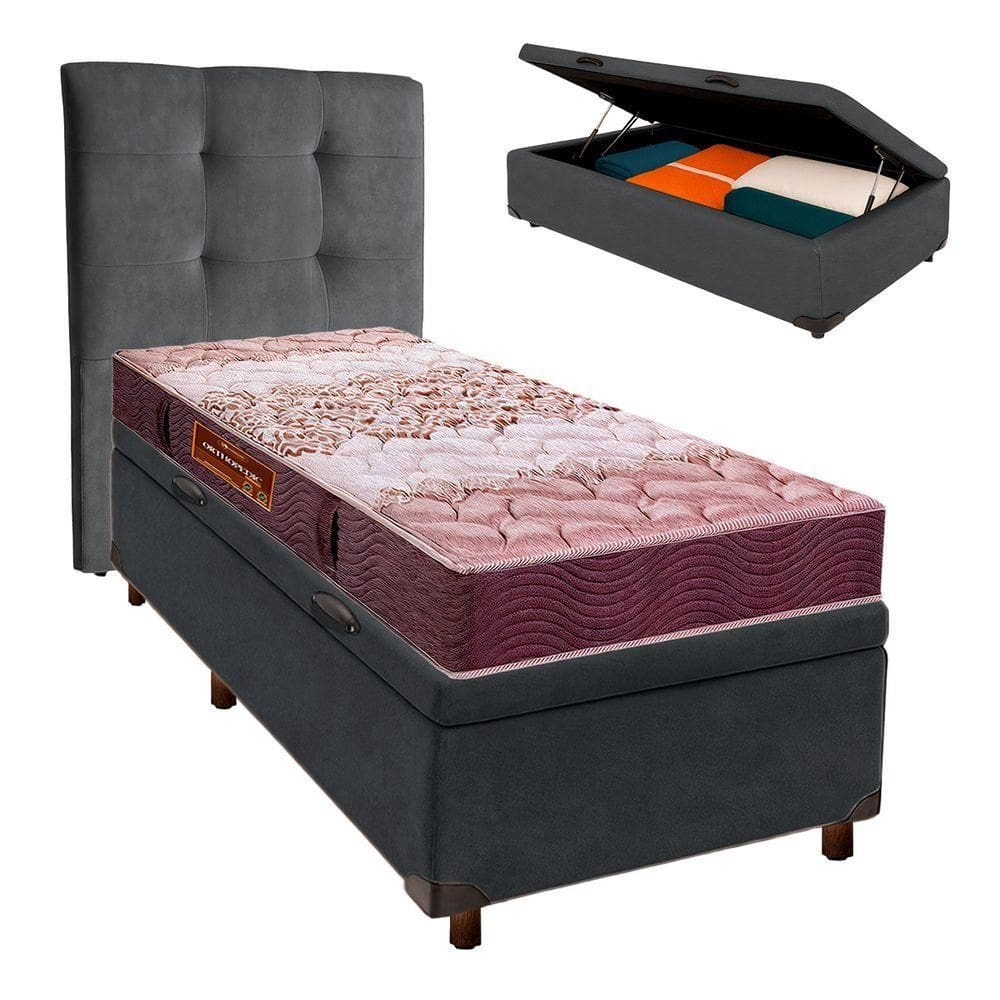 Cama Box Bau + Colchão Solteiro D26 Ortophedic Sankonfort + Cabeceira Estofada
