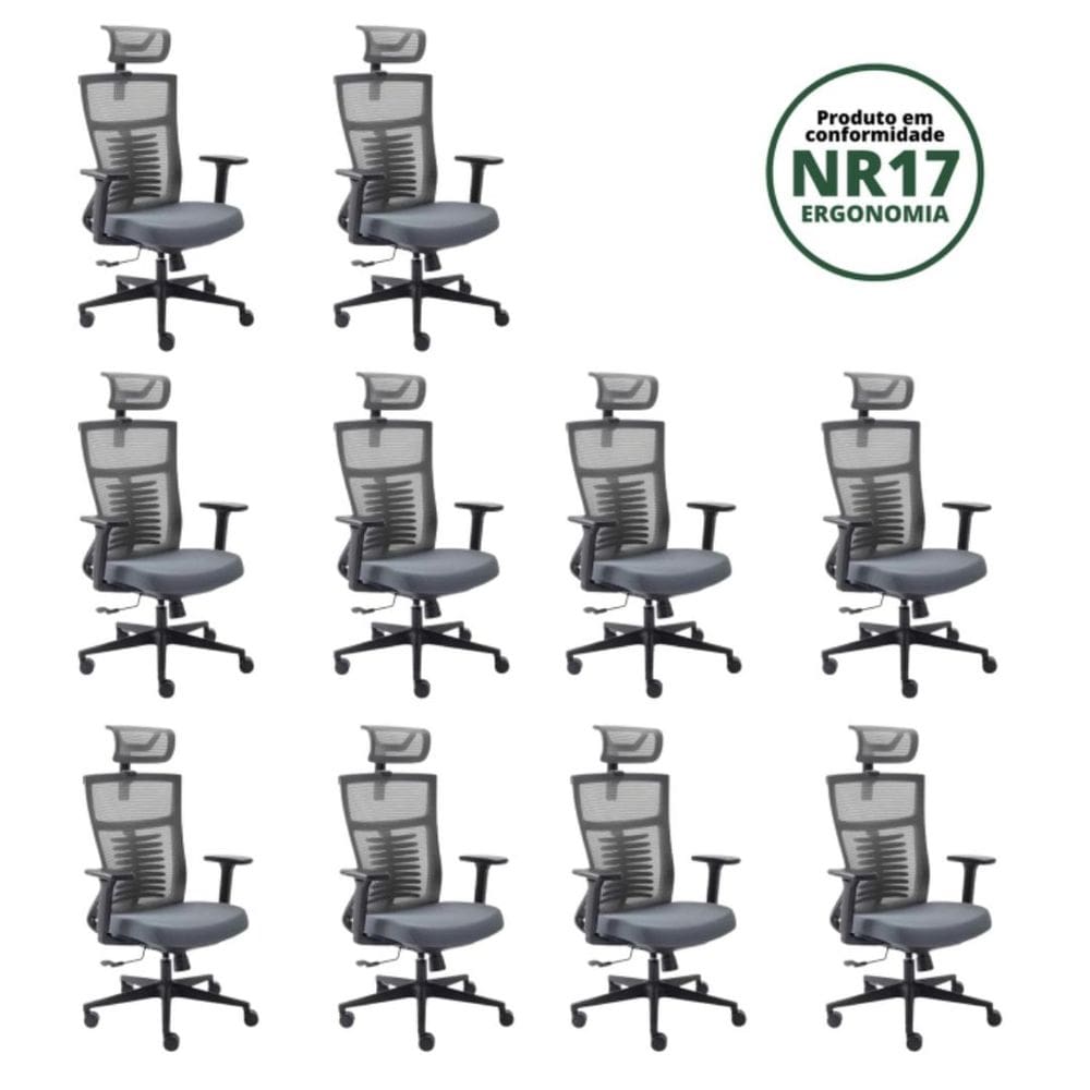 Kit 10 Cadeiras para Escritório Presidente com Nr17 Vertta Basic Preto/Cinza