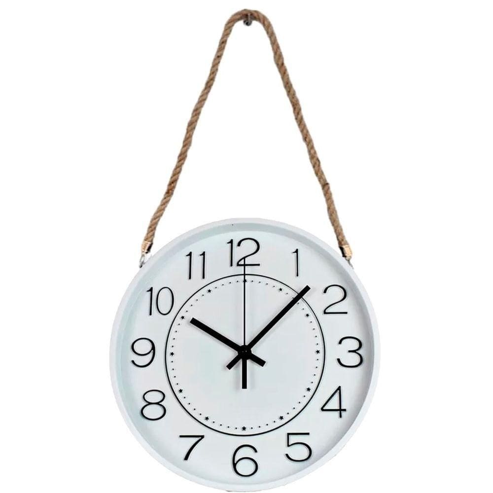 Relógio Parede Moderno Redondo Serrano Branco Com Corda 30cm
