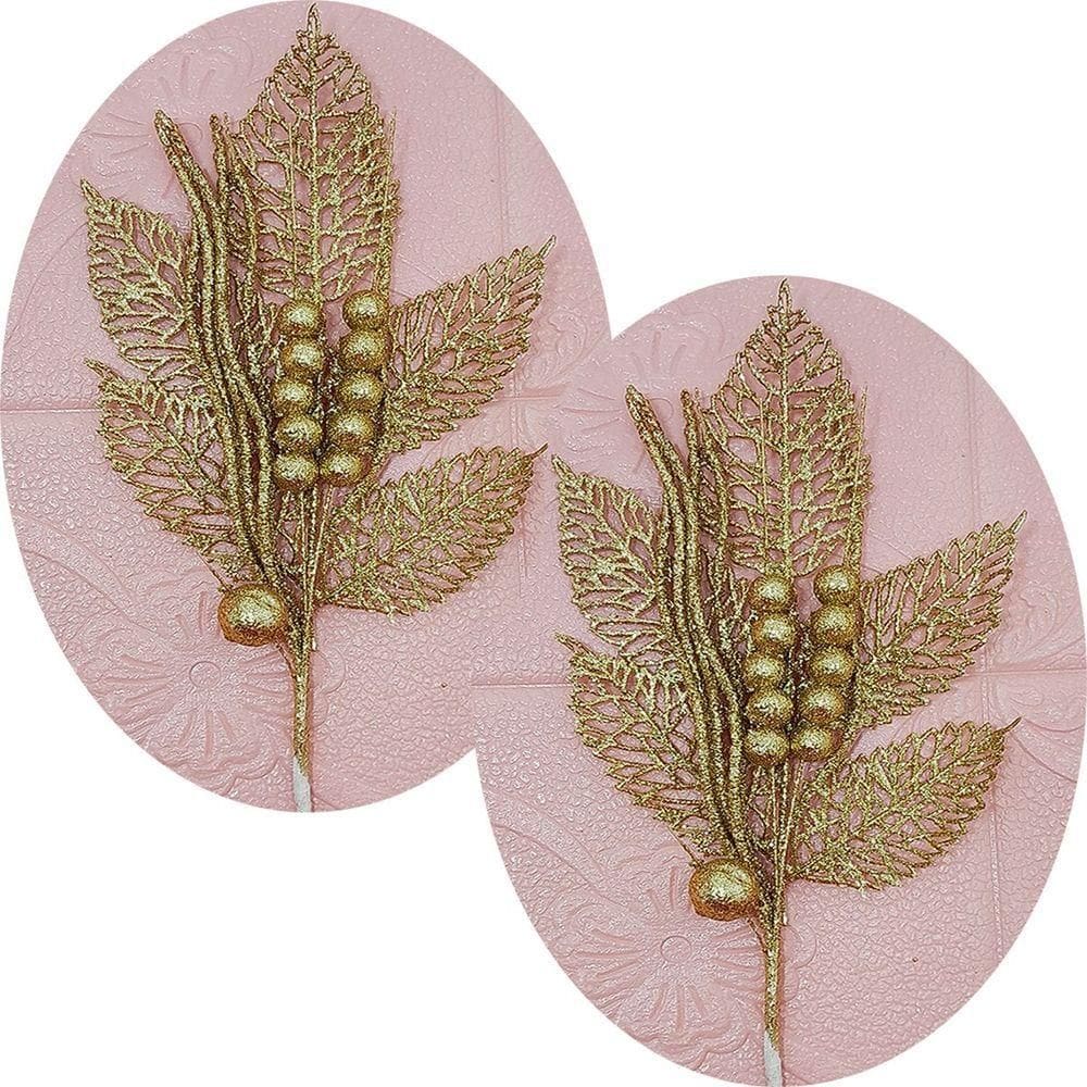 Folhas Flores Enfeite Natal Gliter Dourado De 45cm Kit 8pçs