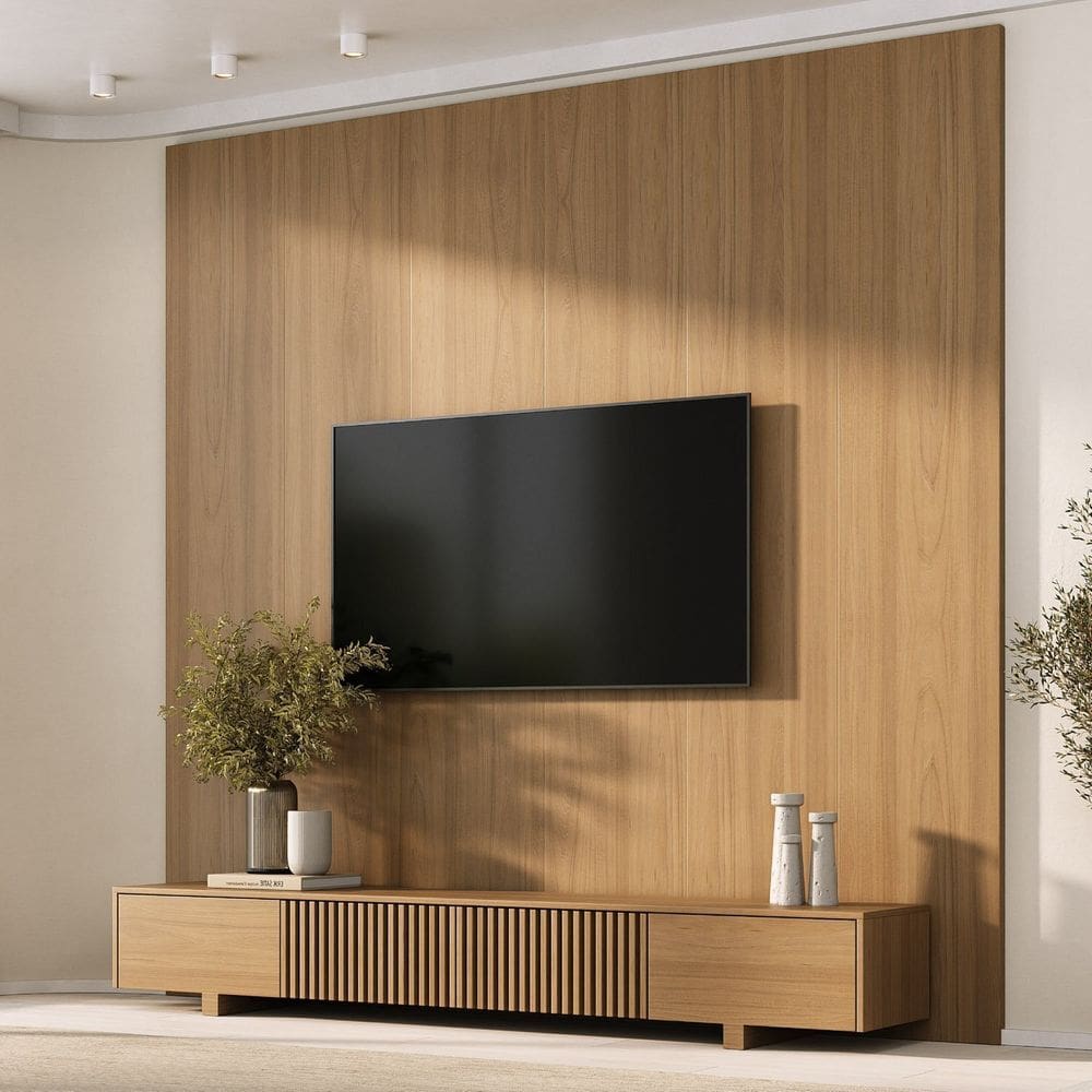 Rack com Painel para Tv até 86 Polegadas Ripado 240x250cm Aruá Cabecasa Madeiraoriginals Jatoba
