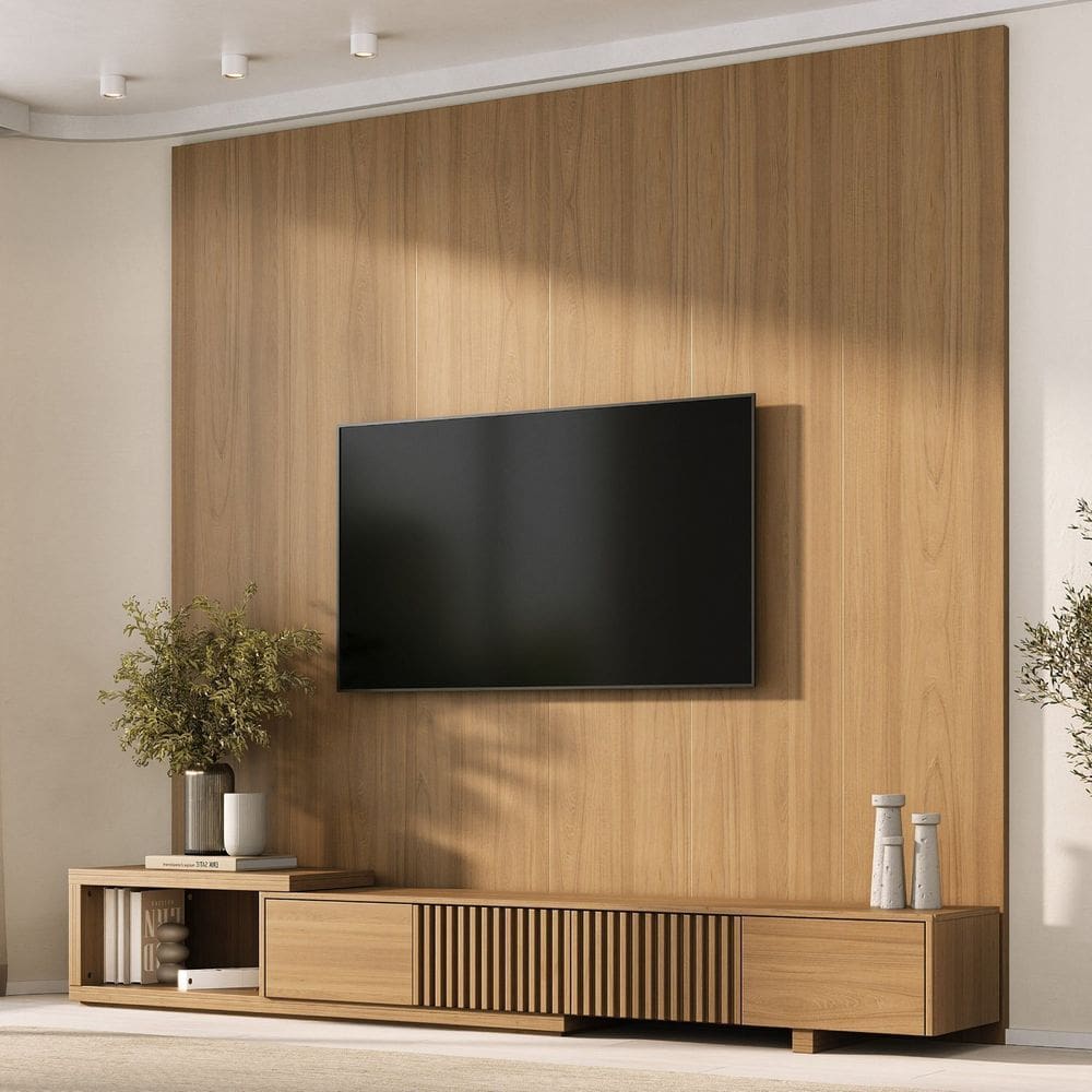 Rack Extensível com Painel para Tv até 86 Polegadas Ripado 240x250cm Aruá Cabecasa Madeiraoriginals Jatoba