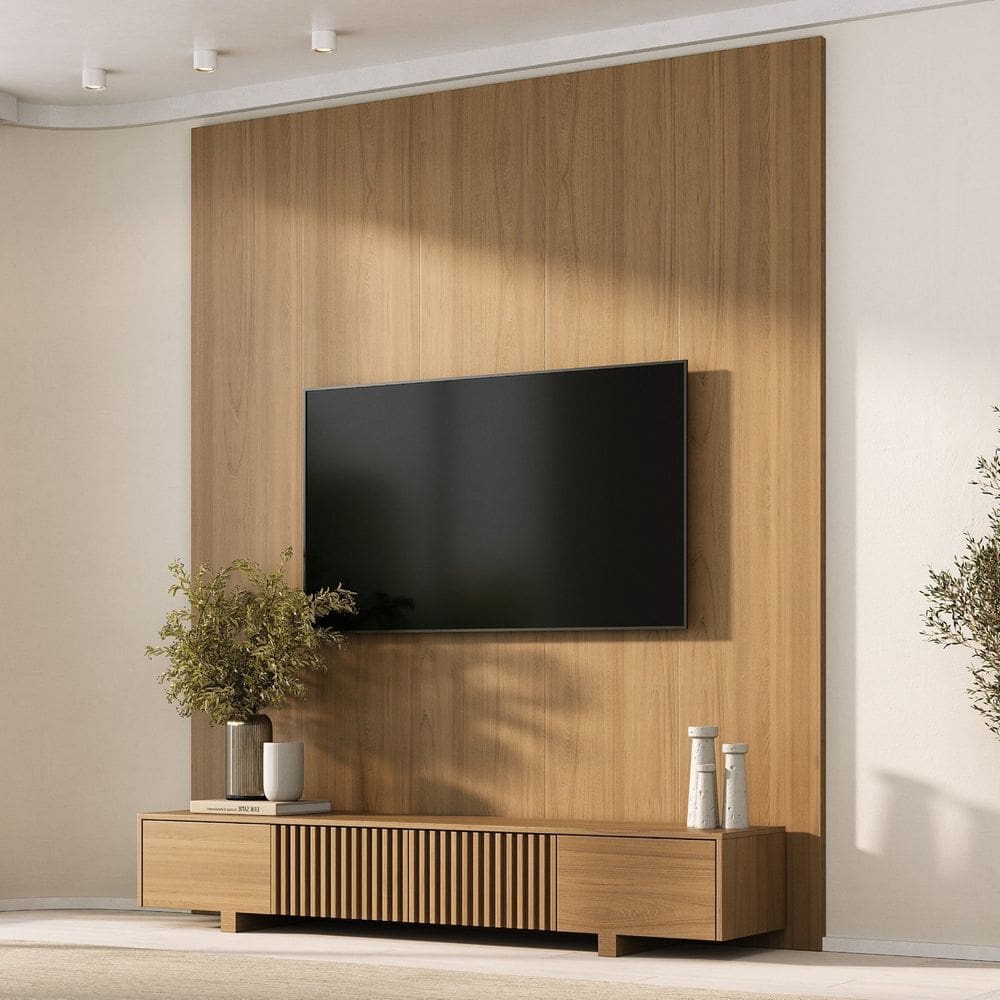 Rack com Painel para Tv até 75 Polegadas Ripado 200x250cm Aruá Cabecasa Madeiraoriginals Jatoba