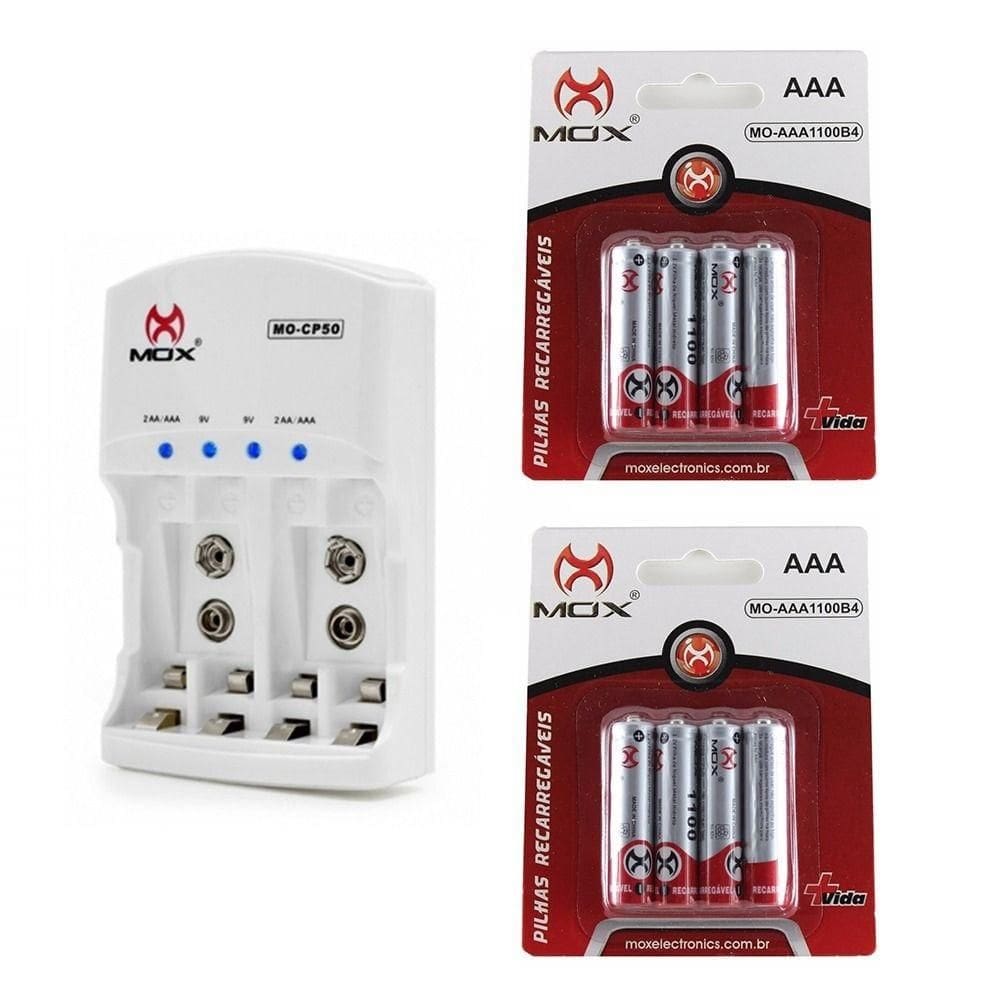 Kit Carregador Rápido Bivolt + 8 Pilhas Recarregável MOX AAA 1000mAh