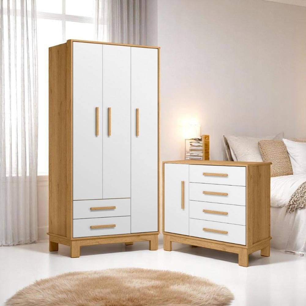 Cômoda Sapateira 4G Q Encanto Slim Freijó/Branco Acetinado + Guarda-Roupa 3P/2G Q Encanto Slim