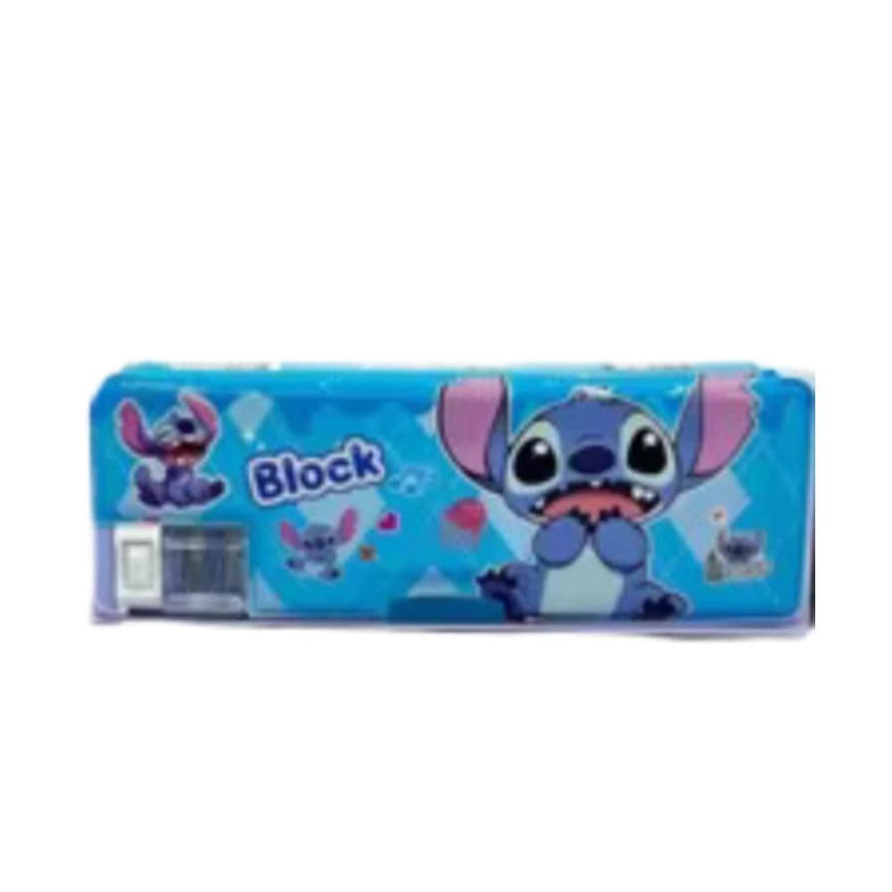 Estojo Bloco Escolar Stitch Azul Duplo Com Apontador