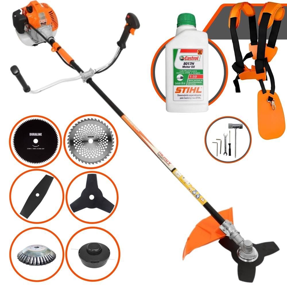 Roçadeira Lateral Vulcan VR520-H 52cc Com Lâmina Facão, Lâmina 3 Pontas, Lâmina 40 Dentes de Vídea, Lâmina 80 Dentes + Escova de Aço + ÓLEO STIHL 2T