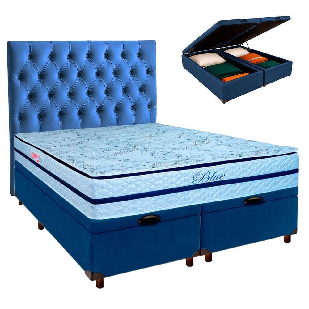 Conjunto Cama Box Bau Blindado Queen + Colchão Molas Ensacadas Blue Paropas + Cabeceira