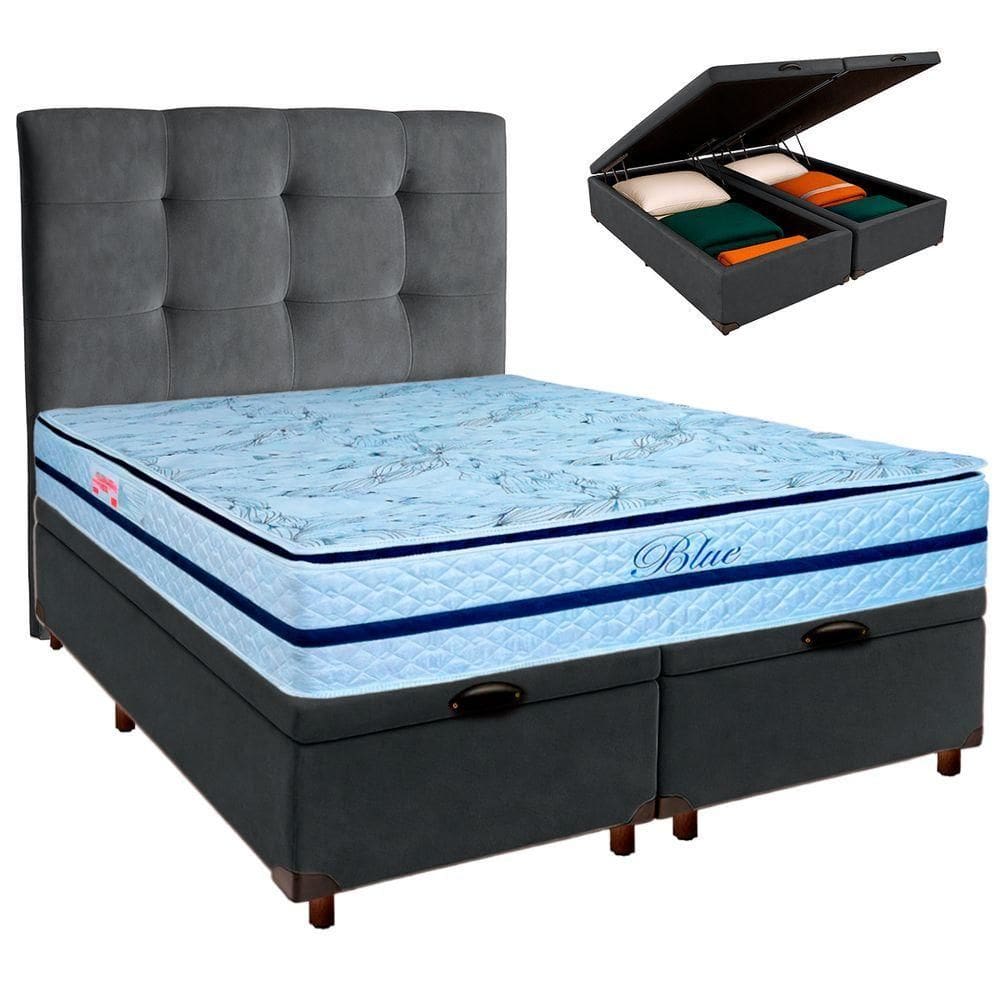 Conjunto Cama Box Bau Blindado Queen + Colchão Molas Ensacadas Blue Paropas + Cabeceira