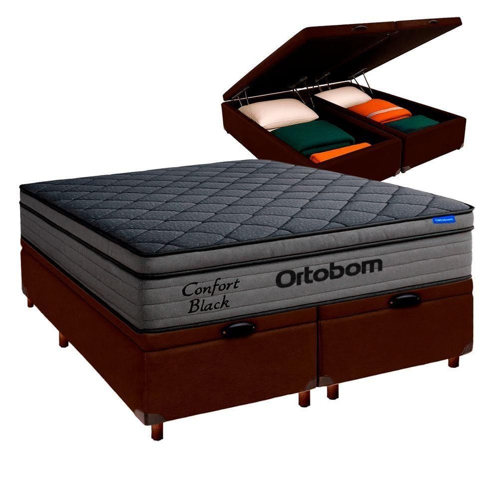 Cama Box Bau Marrom+colchão Casal Confort Black Ortobom