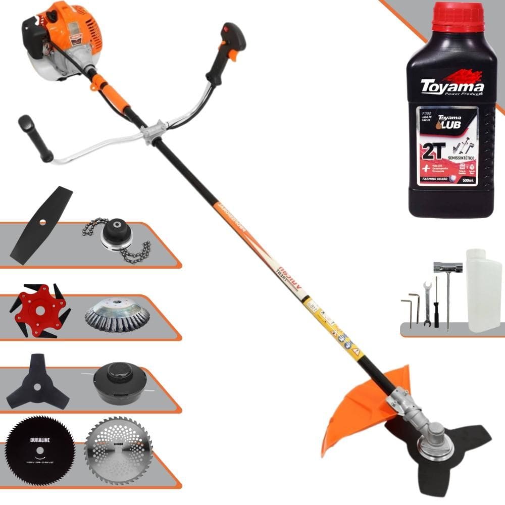 Podador de Grama Vulcan VR520H 52cc + Facas 2 Pontas, 3 Pontas, 6 Pontas, 40 Dentes Vídea, 80 Dentes, Trimmer, Carretel, Escova de Aço + ÓLEO TOYAMA