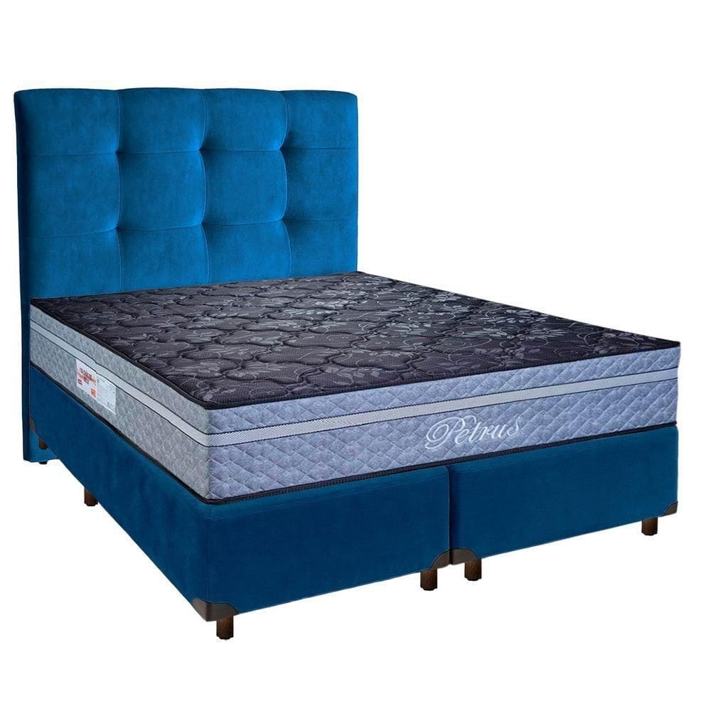 Conjunto Cama Box Azul Queen + Colchão Molas Ensacadas Petrus Paropas + Cabeceira