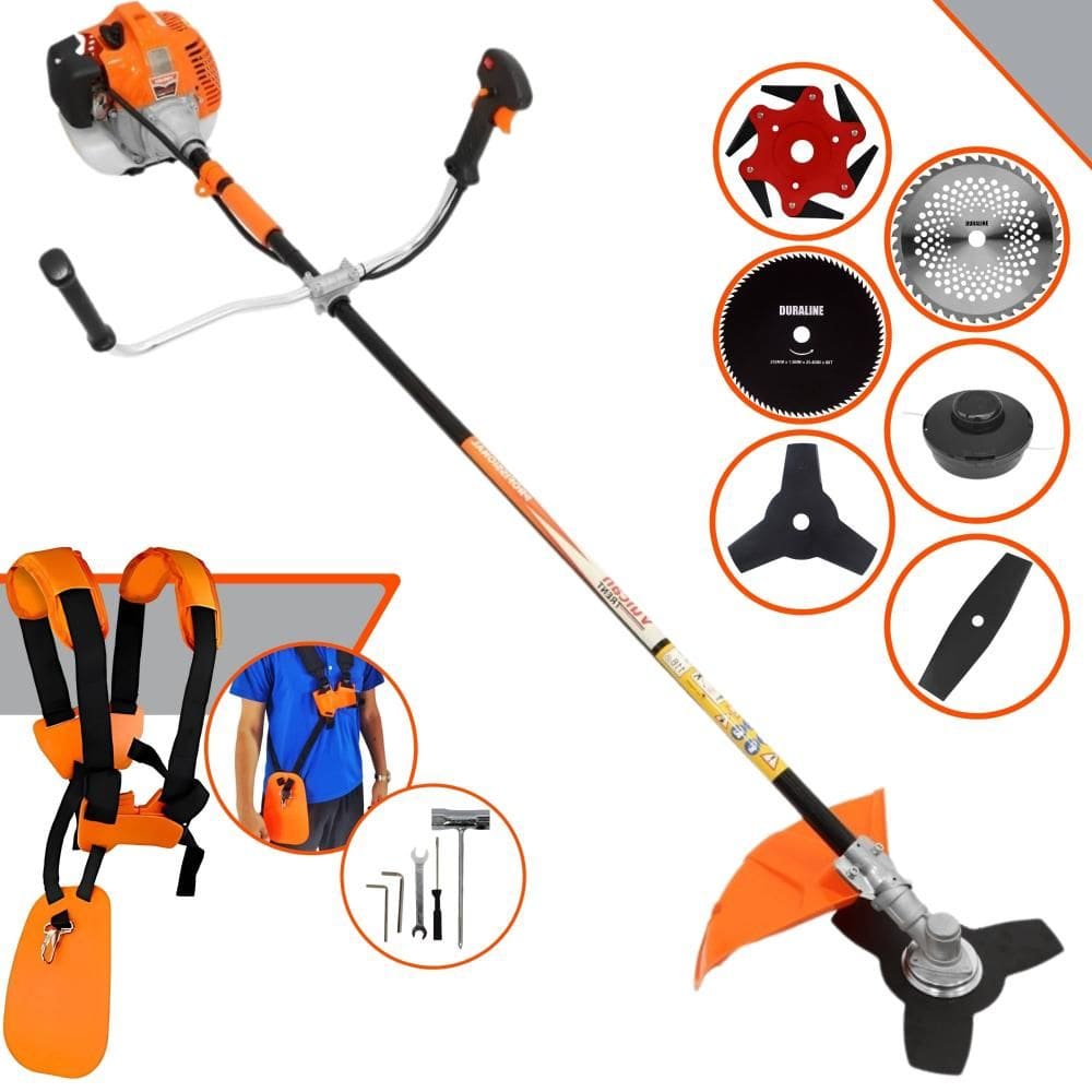 Roçadeira À Gasolina Vulcan VR520H 2T 52cc 2,5HP Alta Rotação Com Cabeçote Nylon + Facas 2 Pontas, 3 Pontas, 6 Pontas, 40 Dentes de Vídea e 80 Dentes