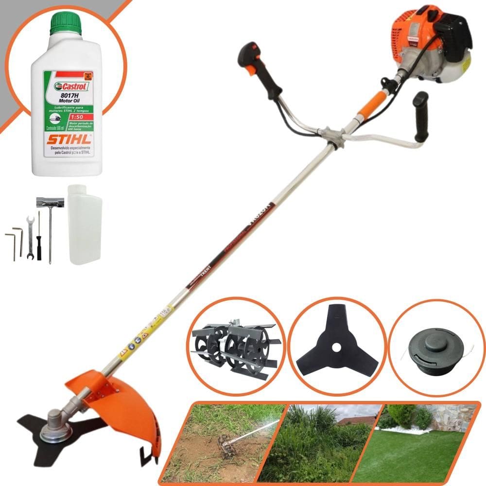 Podador de Grama Vulcan VR620-H À Gasolina 3HP de Potência 62cc 12.500rpm Roçadeira Com Carretel + Faca 3 Pontas + Enxada Capinadeira + ÓLEO STIHL 2T