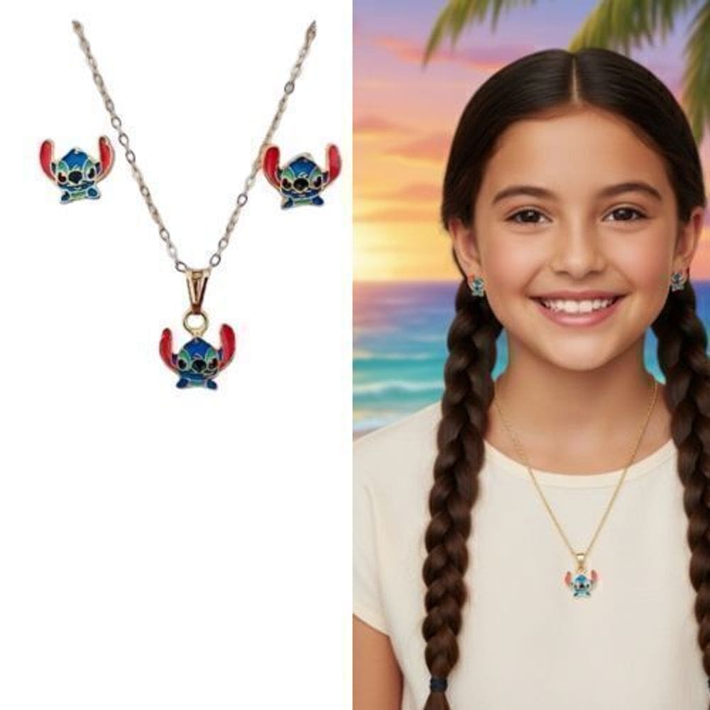 Kit Conjunto Colar e Brincos Personagem Disney com Pingente Stitch Angel Lilo Labubu Folheado Ouro Dourado Antialérgico