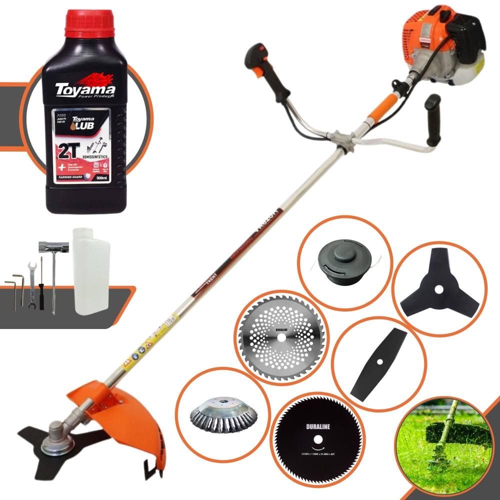 Cortador de Grama À Gasolina 2 Tempos Vulcan VR620H 62cc 3HP 12.500rpm Roçadeira Multifuncional Com 6 Opções de Cortes + ÓLEO TOYAMA 2T