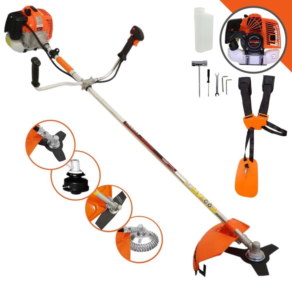 Roçadeira Multifunções Vulcan VR620-H À Gasolina 2T 62cc 3HP 4 Opções de Corte Com Lâmina Facão, Lâmina 3 Pontas, Escova de Aço e Carretel de Nylon