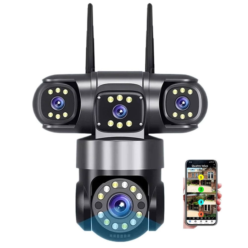 Camera de Segurança 4 Lentes HD WiFi Grava Voz PTZ 360 Graus App Sensor Presença Microfone Audio Visao Noturna