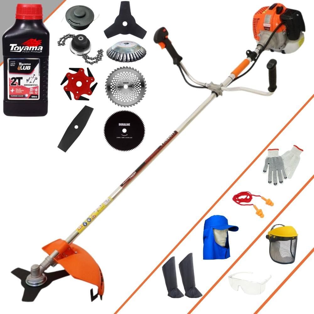 Roçadeira Vulcan VR620-H 62cc 3HP + Facas 2 Pontas, 3 Pontas, 6 Pontas, 40 Dentes de Vídea, 80 Dentes, Trimmer e Escova de Aço + EPI + ÓLEO TOYAMA