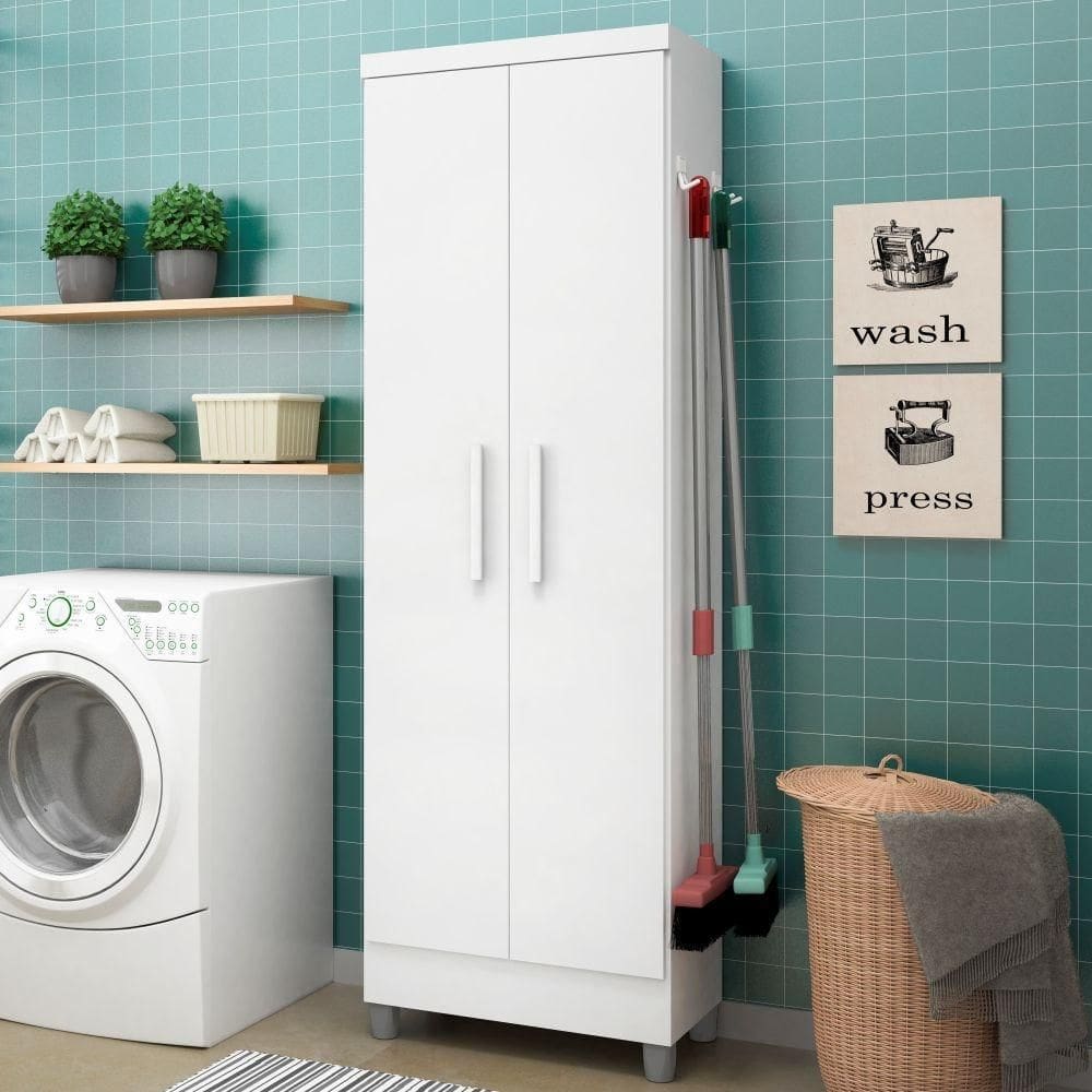 Armário Multiuso Siena 2 Portas c/ Gancho para Vassouras e Rodo Branco