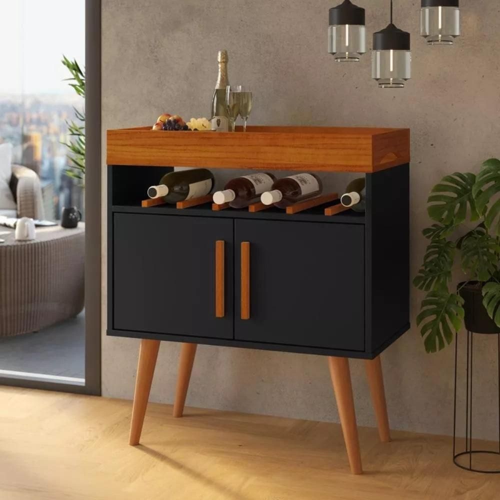 Aparador Café Shot com Portas Pés em Madeira Pinus Preto/Caramelo