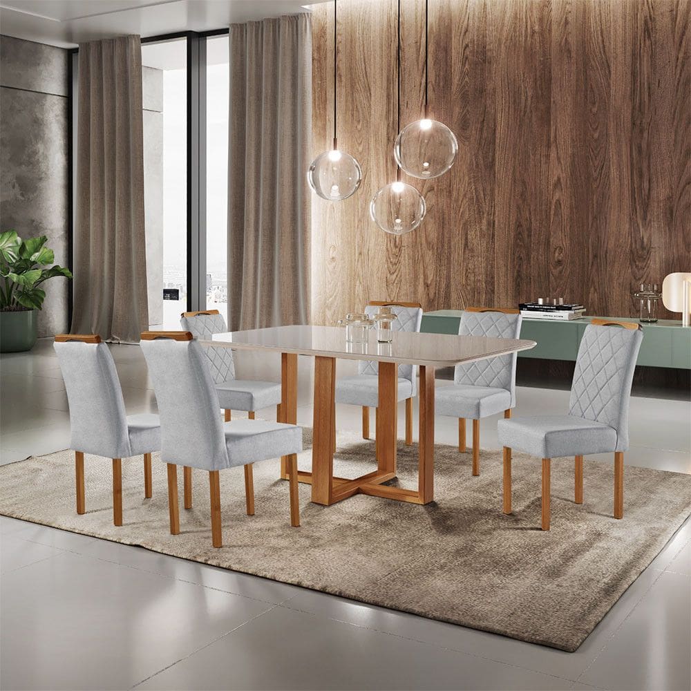 Conjunto Sala de Jantar 6 Lugares California Mesa e Cadeiras Madeira Macica e Tecido Linho Prata Moveis Mundial