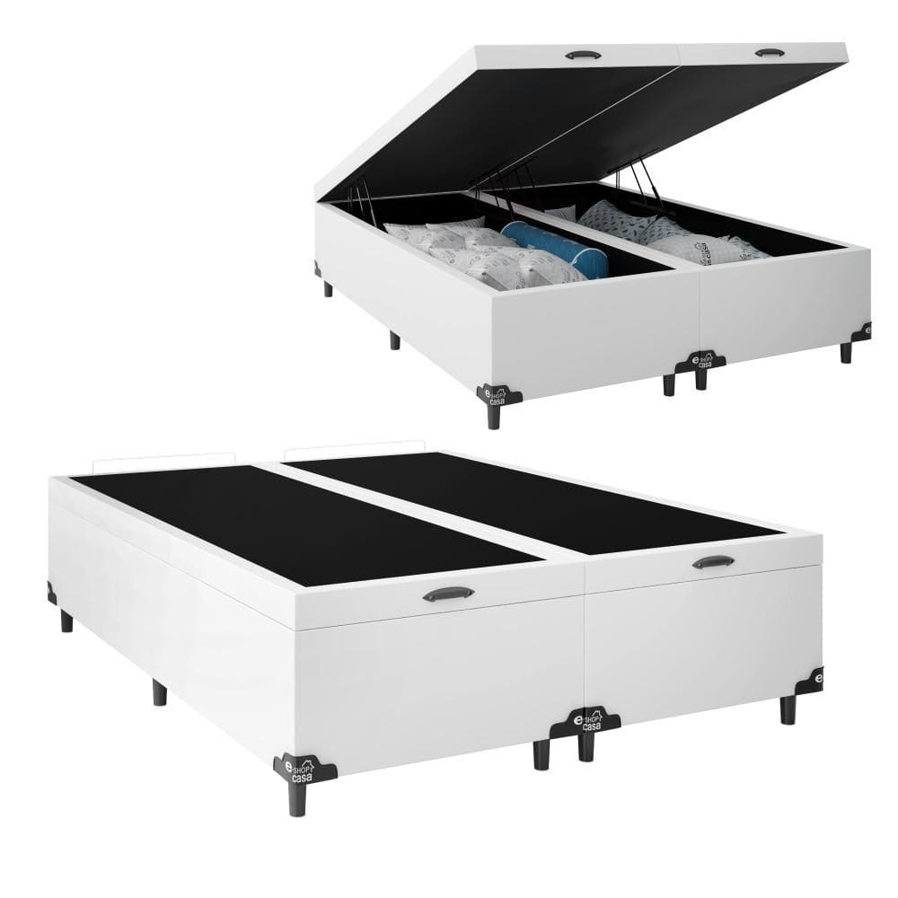 Base Cama Box Bau Bipartido Casal Branco Sintetico Premium 47x138x188 - Santo Box FR