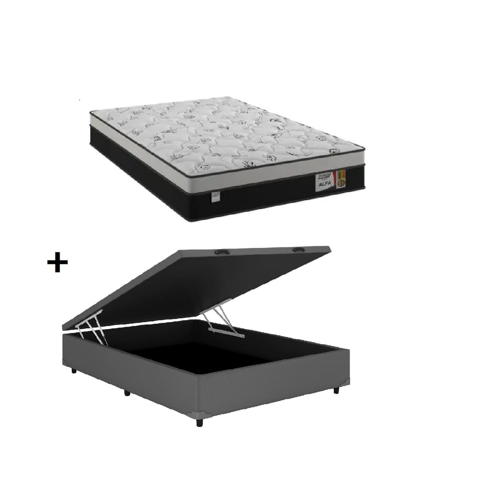 Cama Box Baú Casal Cinza Colchão Alfa Molas Ensacadas 138x188 - Plumatex
