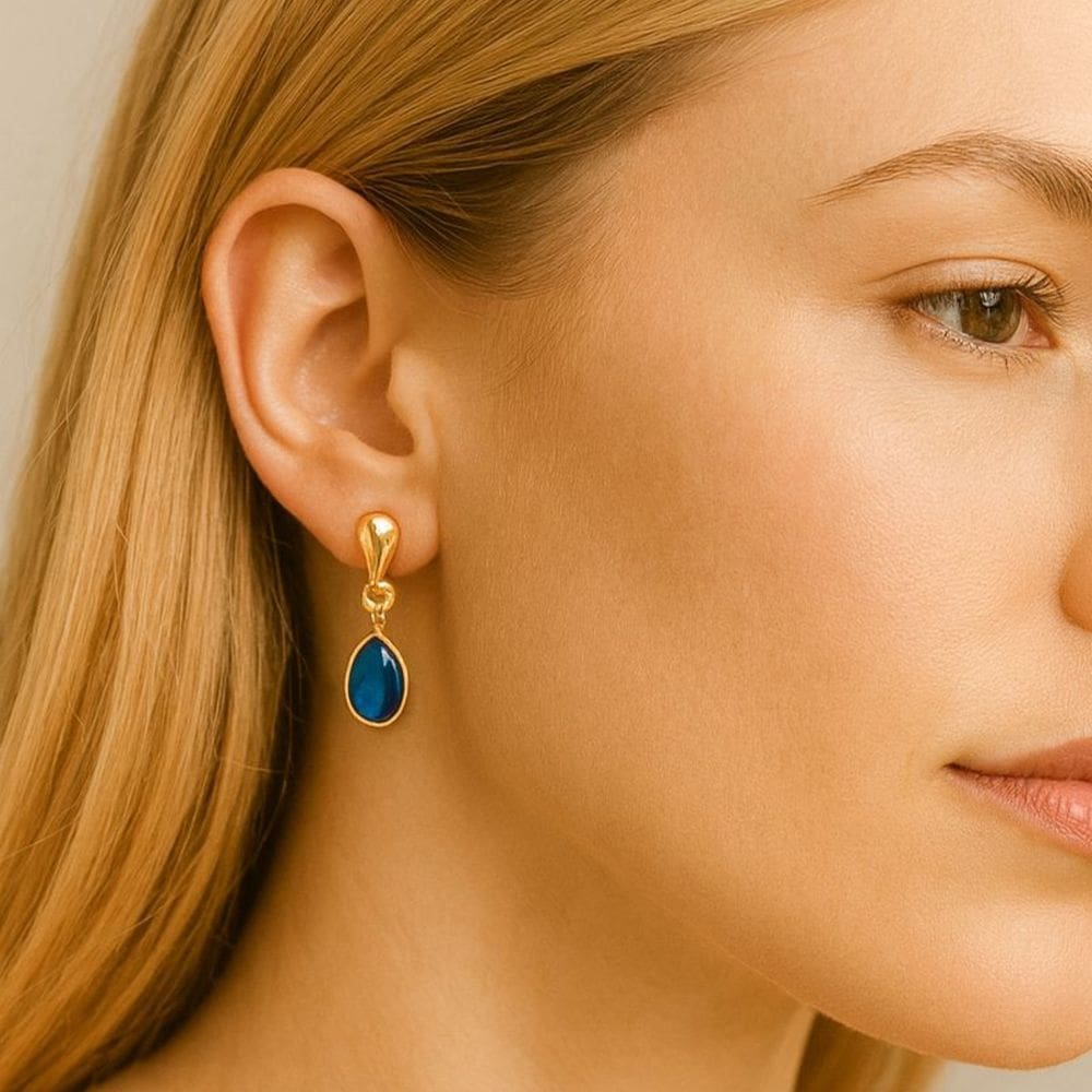 Brinco Gota Azul Pendurada Banhado a Ouro