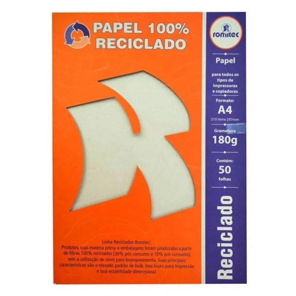 Papel reciclado A4 180g 210x297 com 50 folhas Romitec