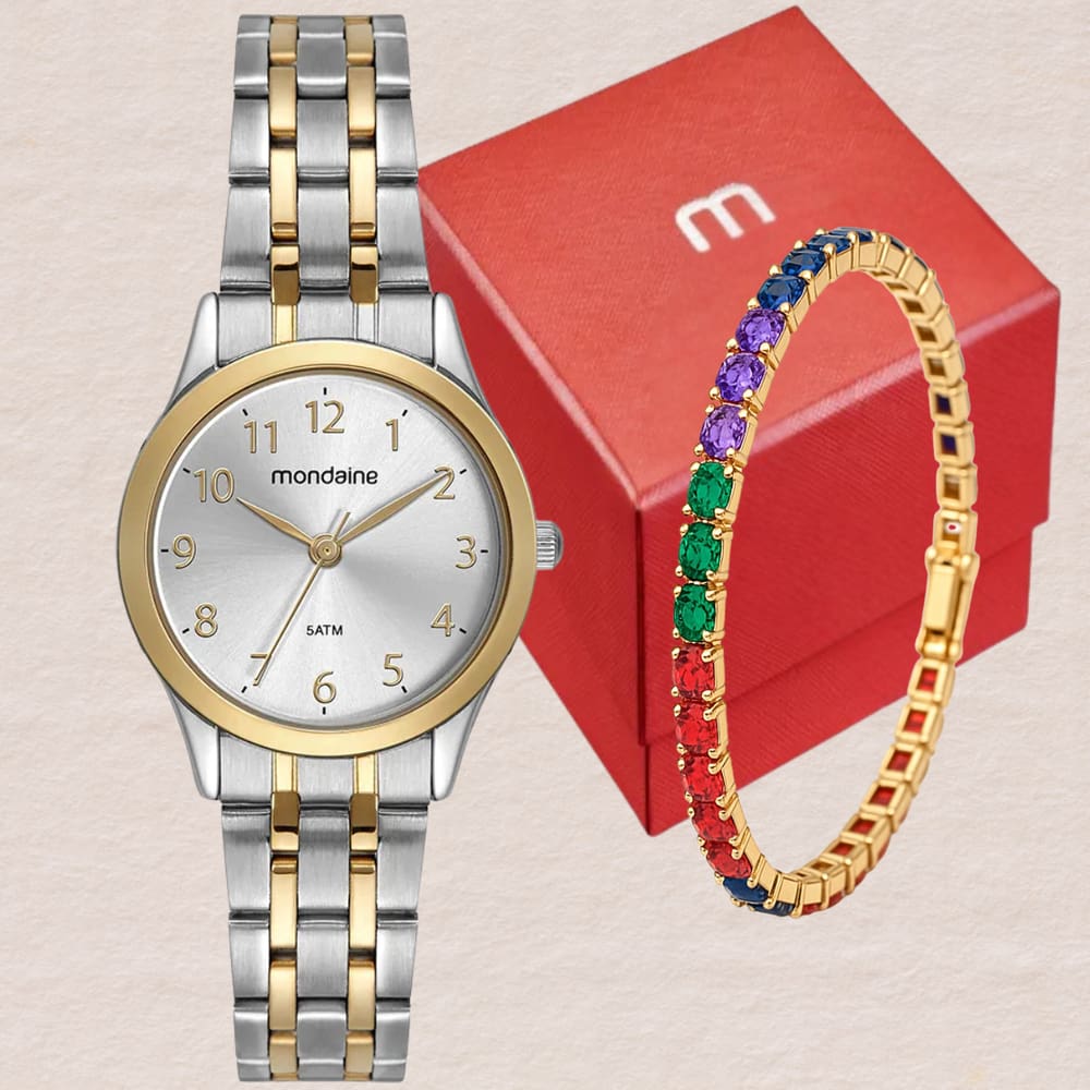 Relógio Feminino Mondaine Bicolor Aço Inox Casual Chic Mostrador Metálico Com Pulseira De Cristais 5ATM Modelo 32608LPMKBE3K2