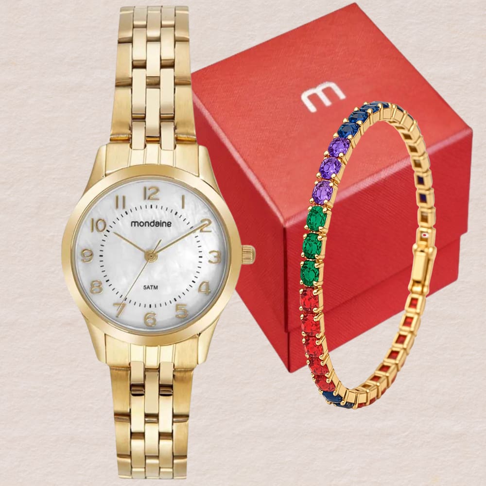 Kit Relógio Mondaine Feminino Analógico Dourado 32796LPMKDE1K2 + Semi Joias