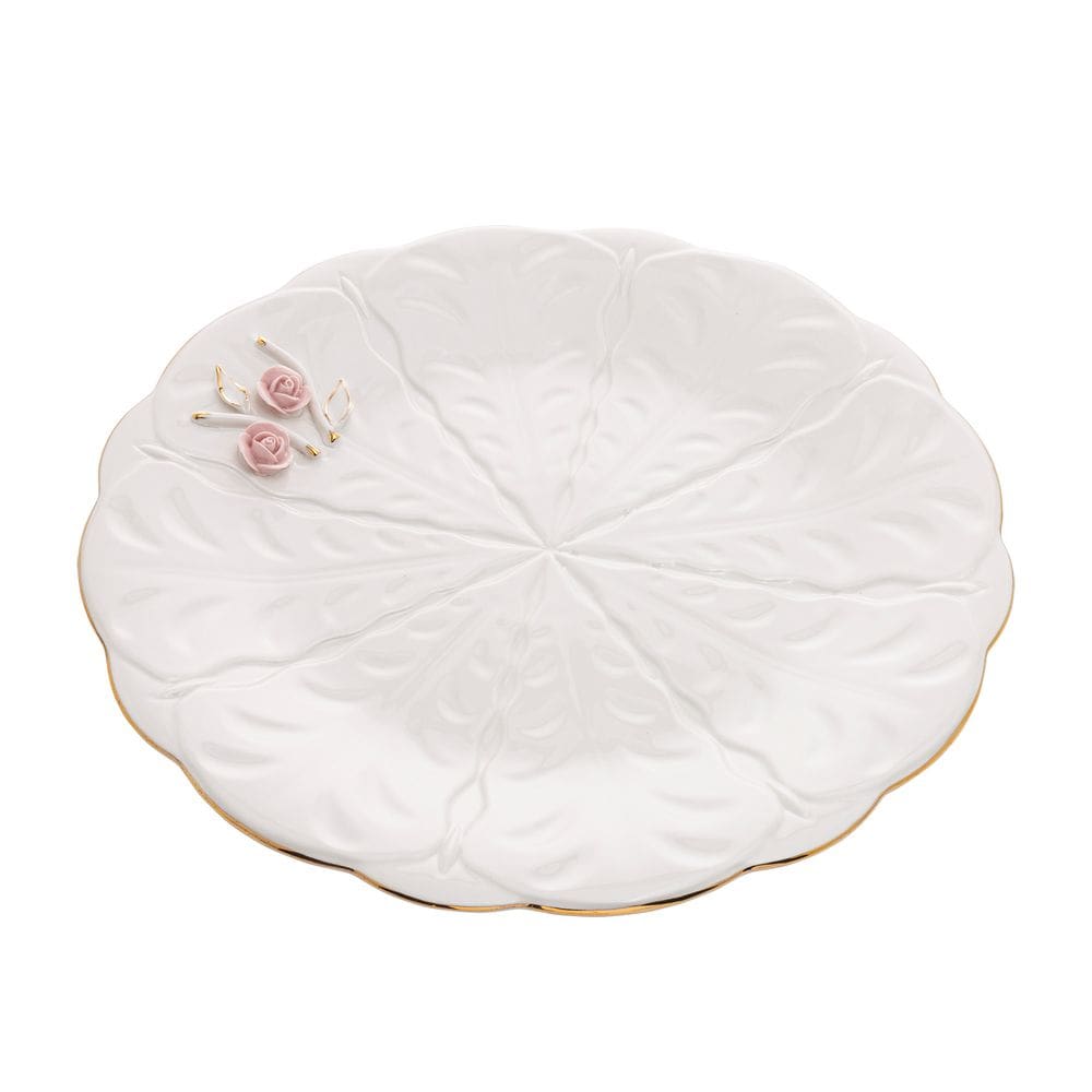 Prato de Porcelana Branca P/Bolo Flower Design Plate Colorido 29,5x3,2cm Wolff