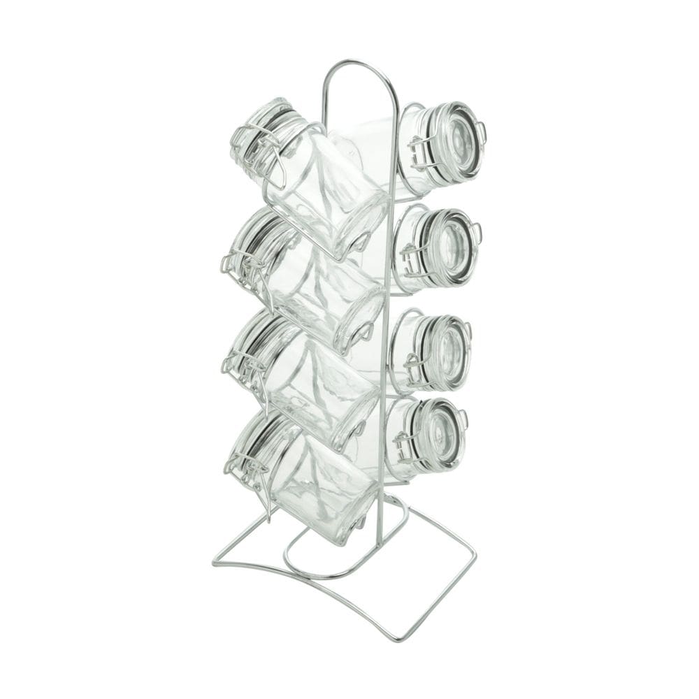 Cj 8 Potes de Vidro P/Temperos e Condimentos C/Suporte de Metal Cromado Lyor