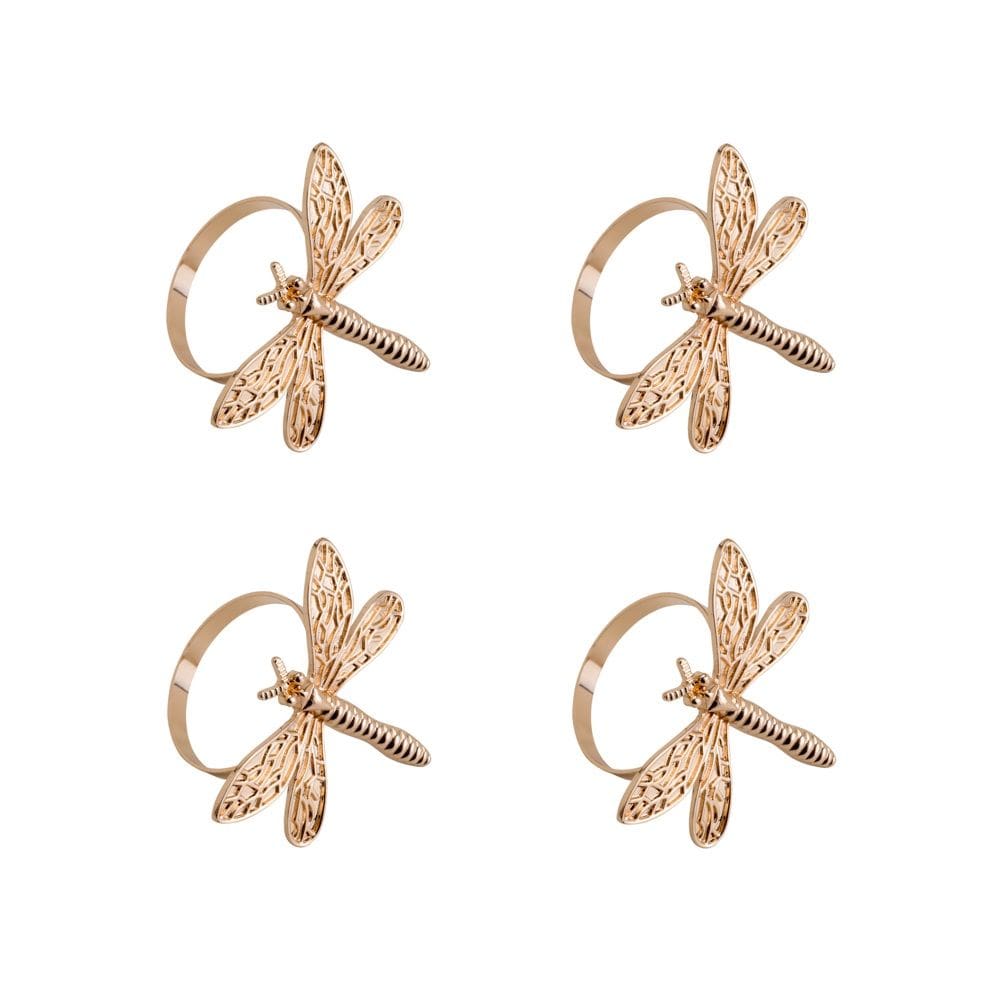 Cj 4 Anéis/Argolas de Zamac P/Guardanapos Libélula Dourada Lyor