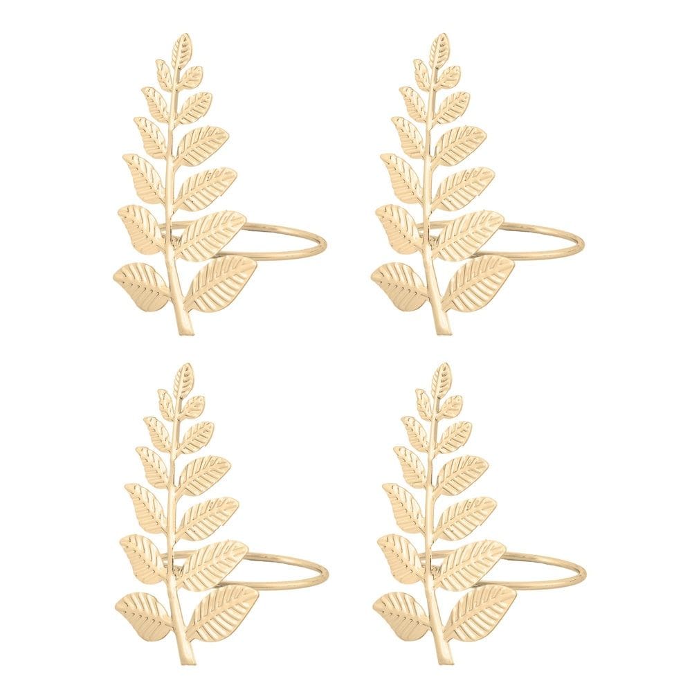 Cj 4 Anéis/Argolas de Metal P/Guardanapos Folhagem Dourada Royal Decor