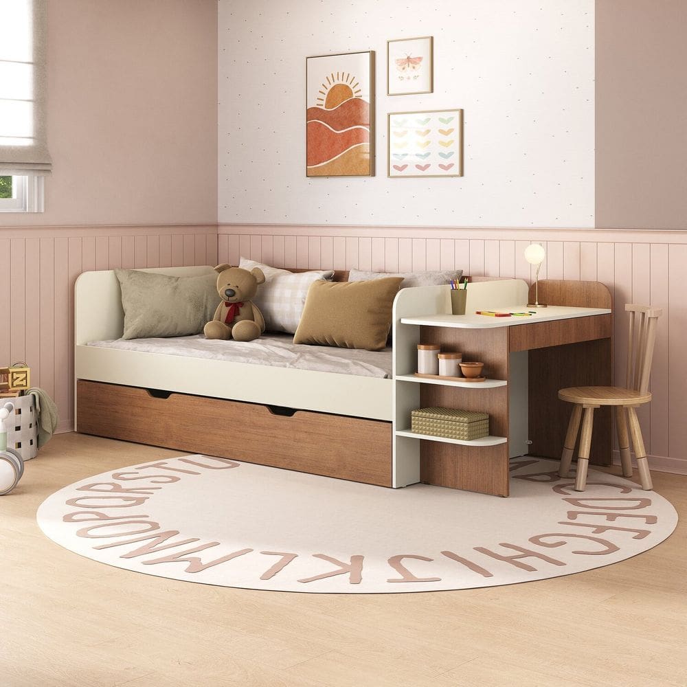 Cama de Solteiro Funcional Infantil com Escrivaninha e Cama Auxiliar 100% Mdf Premium Helena Off White/ Castanho