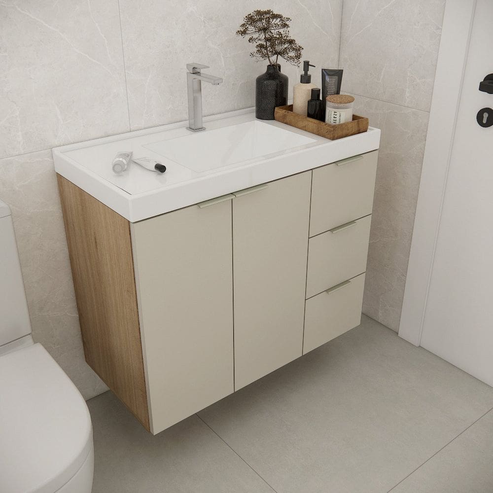 Gabinete de Banheiro com Cuba 79,6cm Gaveta Direita Vittare Carvalho/Nude