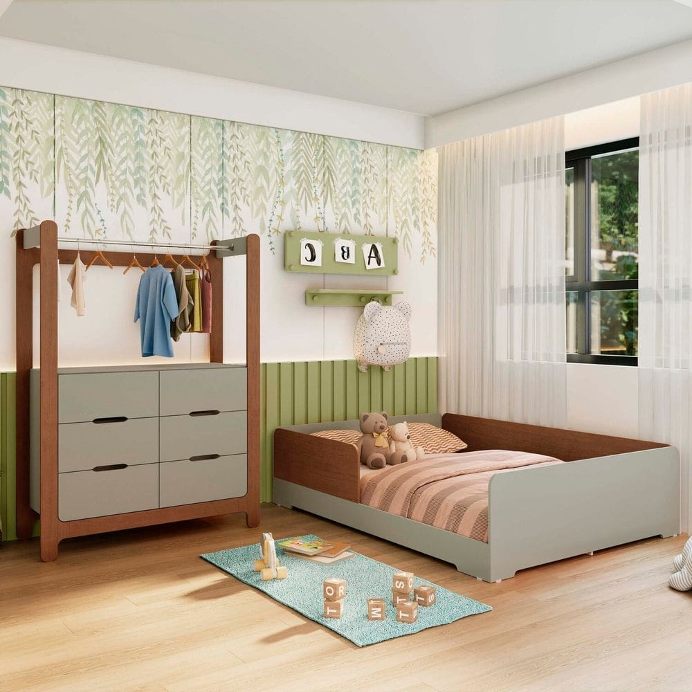 Quarto Infantil Completo Guarda-Roupa Closet e Cama Casal Montessoriana 100% MDF Olivia e Mark Verti/ Castanho