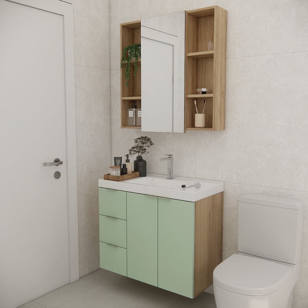 Conjunto de Banheiro com Cuba 80cm Gaveta Esquerda Vittare Carvalho/Verde