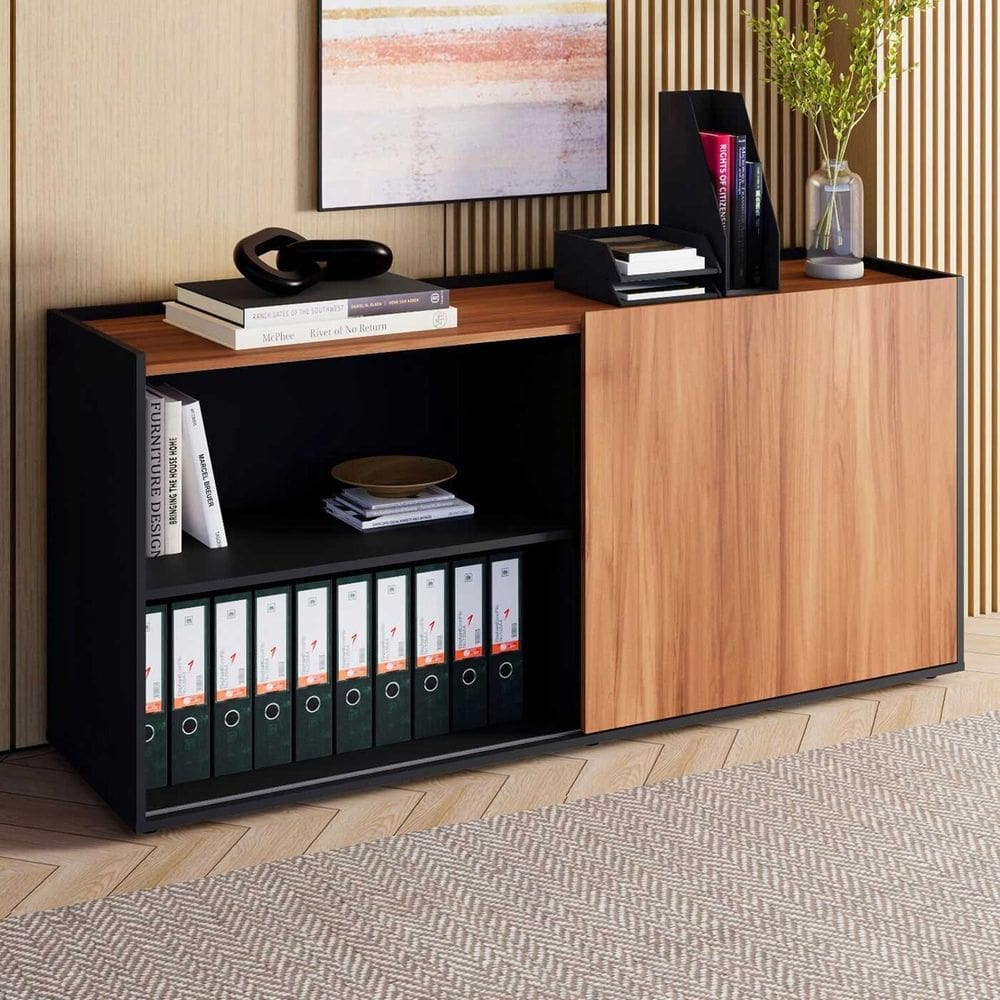 Armário Baixo 158cm Porta de Correr e 2 Nichos em Mdp com Puxadores Metálicos Corporate Nogal /  Preto