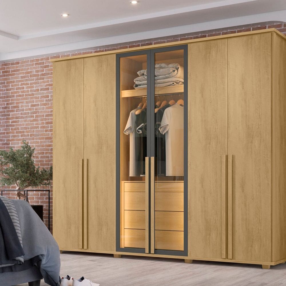 Guarda-roupa Casal 6 Portas 5 Gavetas com Corrediças Telescópicas Nichos e Iluminação Led Bélgica Cinamomo